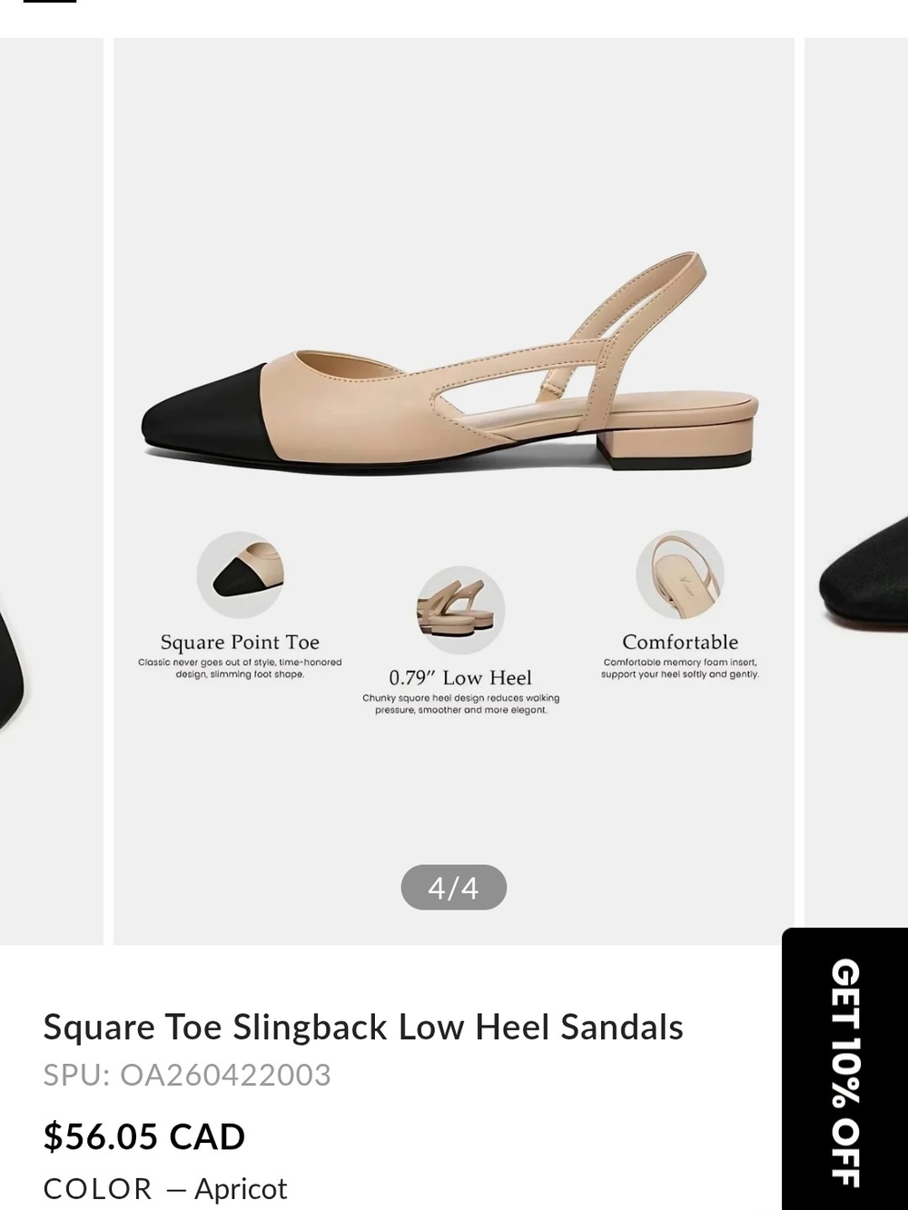 Apricot & Black Square Toe Slingback Low Heel Sandals